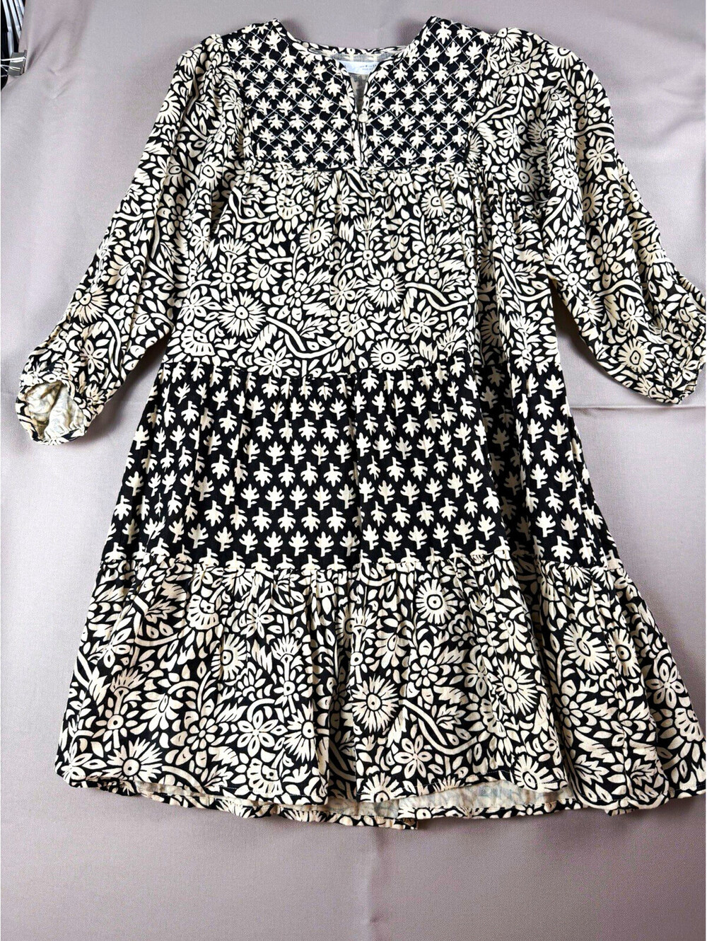 ZARA Girls Black White Floral A-Line Knee Length Dress Long Sleeve Ruffle 8-9Y